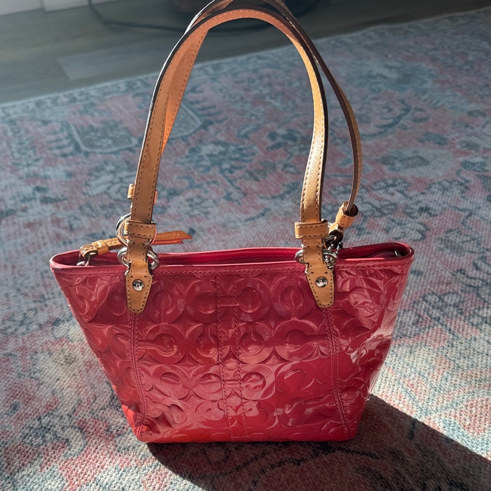 Glossy coral Patent Tote with Tan Leather Handles